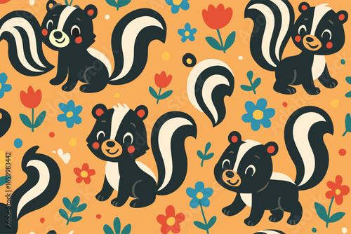 Adorable skunks and flowers pattern for a playful and cheerful design