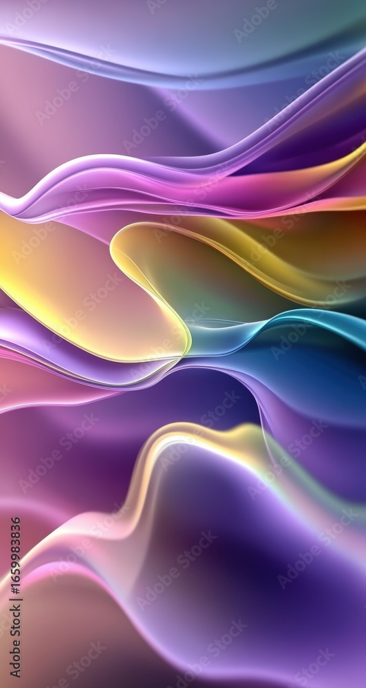 Fototapeta premium Abstract flowing waves of pastel colors create a smooth, fluid, and vibrant digital art piece with shades of purple, pink, blue, and yellow blending seamlessly.
