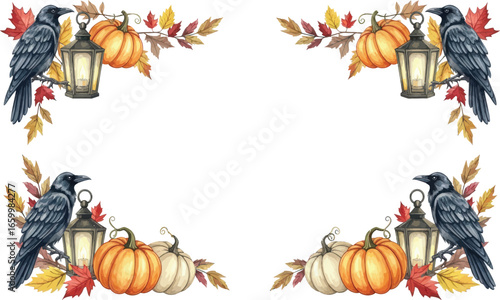 Autumnal border design with pumpkins, lanterns, and crows.