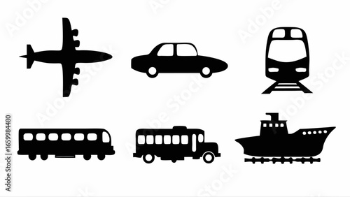 Illustration showing various modes of transportation including airplane car train bus ship and transit icon set silhouette
