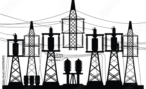 Electrical substation with transformers and high voltage power lines, energy infrastructure vector illustration for industrial, utility, and power engineering use
