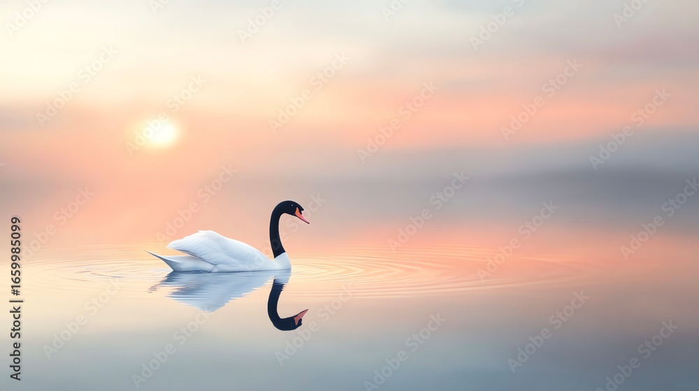 Fototapeta premium Ultra-realistic digital painting: A graceful swan is a sharp silhouette on a tranquil pond, reflecting a gradient sunset of orange and blue.