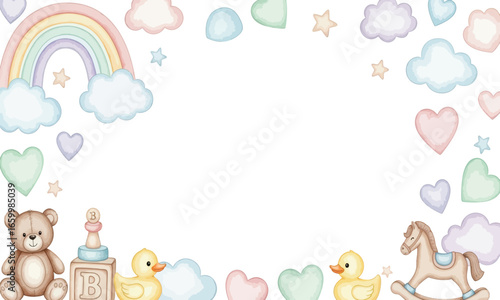 Pastel-colored, whimsical border design featuring baby toys, clouds, hearts, and a rainbow, perfect for a children's theme.