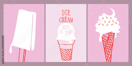 Ice cream showcase concept set. Retro Design template collection in blue colors for cafe and restaurant. Italian Cold dessert flayer bundle.