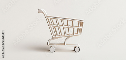 Minimalist shopping cart white plastic modern design isolated on light background clean lines simple style retail concept empty side view contemporary