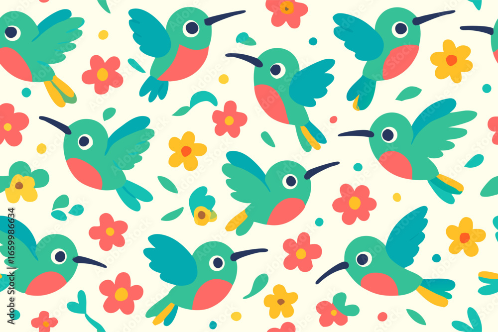 Fototapeta premium Hummingbirds and Floral Pattern A Colorful, Playful Design for Backgrounds