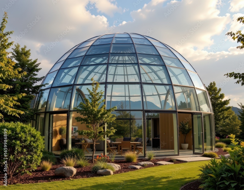 Fototapeta premium modern glass dome architecture with temperature regulating features including insulated double glass layers ventilation openings reflective surfaces and shading devices balancing warmth and cooling fo