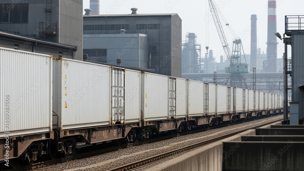 Fototapeta premium Freight train transporting containers in industrial setting with cranes