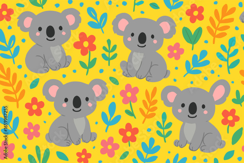 Cute koala pattern with flowers and leaves on a bright yellow background