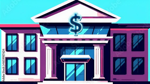 modern bank building with dollar sign illustration