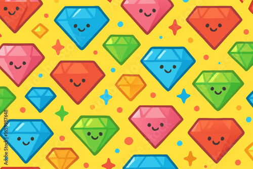 Kawaii Gems Seamless Pattern with Cute Gemstone Characters