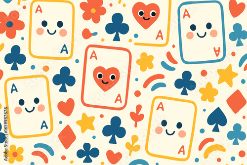 Whimsical Cartoon Aces Playing Cards Seamless Pattern Background with Cute Faces