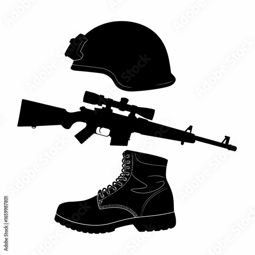 Military Equipment Silhouette Helmet, Gun, Boot