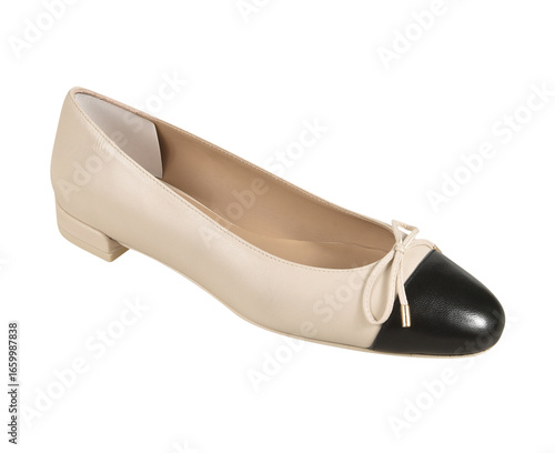 Women’s white ballet ballerina flat shoe with bow, glossy patent leather finish, stylish and comfortable footwear for casual and formal wear, transparent background.