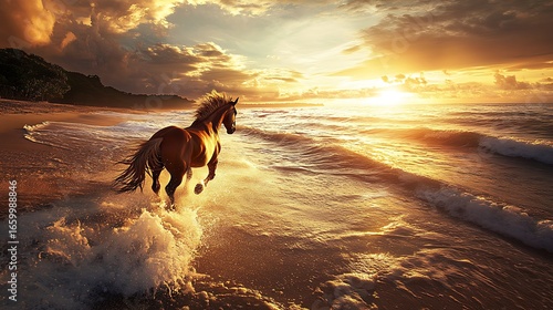 Majestic Horse Runs Towards Golden Sunset Ocean
