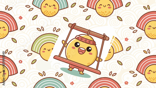 Adorable Lemon Character on Swing, Cute Pattern