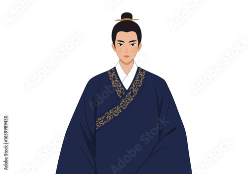 Elegant Man in Traditional Hanfu with Topknot Hairstyle