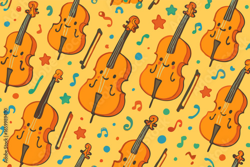 Playful Seamless Pattern with Cute Cartoon Cellos and Music Notes