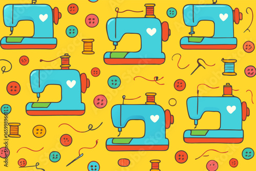 Delightful Seamless Pattern of Cute Sewing Machines and Crafting Accessories