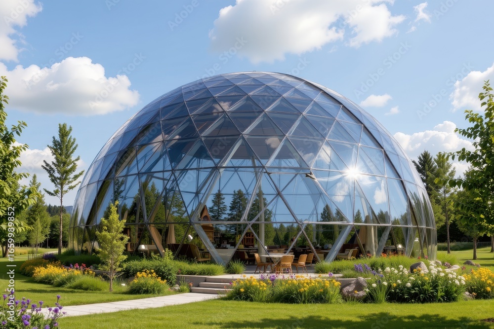 Obraz premium sustainable glass domes allow natural light and ventilation while maintaining interior comfort using thermal insulation reflective surfaces and shading devices minimizing energy use and carbon footpri