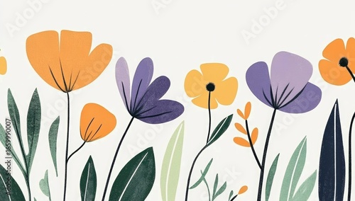 Wallpaper Mural A minimalist illustration of orange and purple flowers with green leaves on a white background, featuring clean lines and a modern aesthetic. Torontodigital.ca