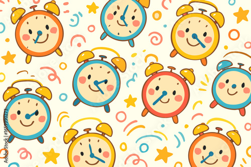 Alarm Clocks Patterned Background with Happy Cartoon Faces