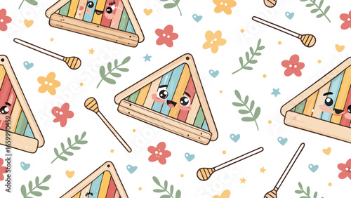 Cute Kawaii Musical Instrument Pattern with Flowers and Leaves