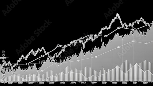 Abstract Financial Growth Chart Showing Increasing Trends in White and Gray on Black Backdrop.