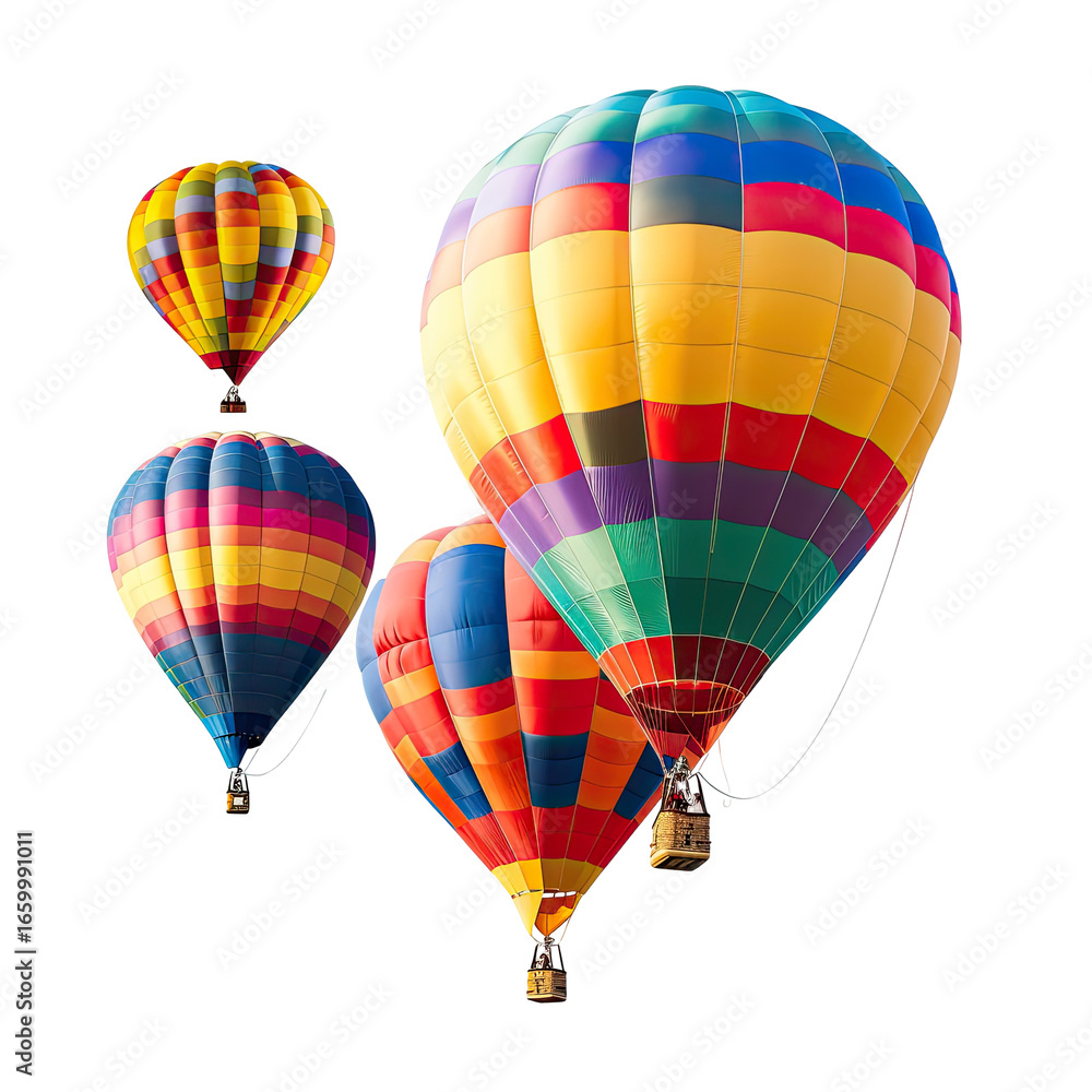 Obraz premium Four colorful hot air balloons, various shades and patterns, against a black background