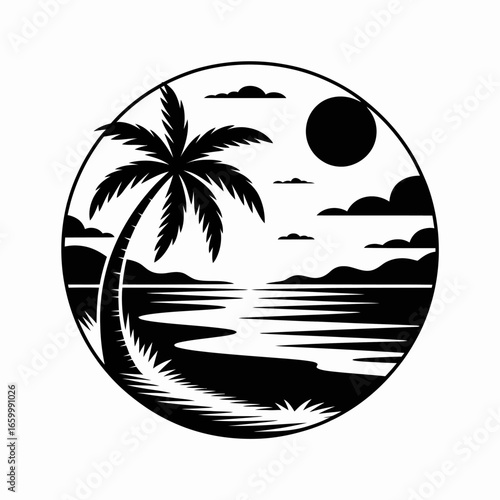 Tropical Beach Scene with Palm Tree Silhouette