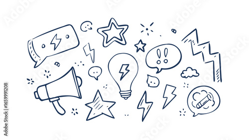 Announcement Megaphone Lightbulb Stars and Speech Bubbles