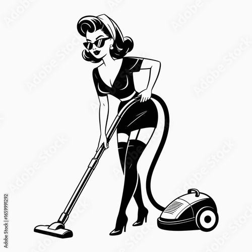 Vintage housewife vacuuming illustration, retro style