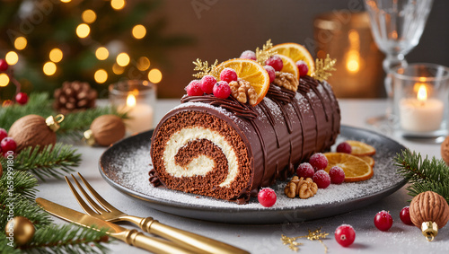 A festive and elegant Bûche de Noël, or Yule log cake, sits on a plate. The rich chocolate cake roll is decorated with fresh cranberries, orange slices, and powdered sugar, with holiday lights.