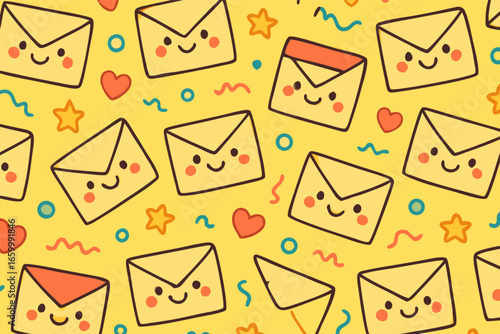 Playful Seamless Background with Cute Cartoon Mail Envelopes and Hearts