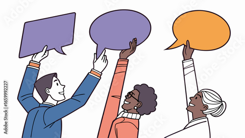 Diverse Group of People Holding Up Blank Speech Bubbles.