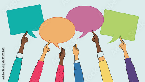 Diverse Hands Pointing at Colorful Speech Bubbles.