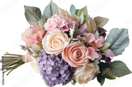 A rustic wedding bouquet of muted roses, hydrangeas, and eucalyptus with tied stems on a white background