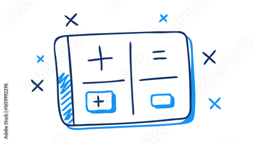 Blue calculator with plus and equals symbols plus symbol