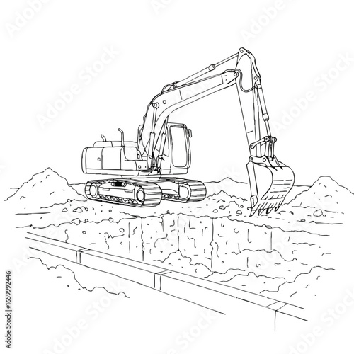 A detailed line art illustration depicts a powerful excavator actively digging a deep trench for essential groundwork on a busy construction site.