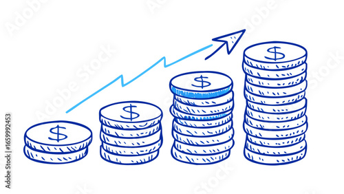 Blue coins graph with upward arrow stacks
