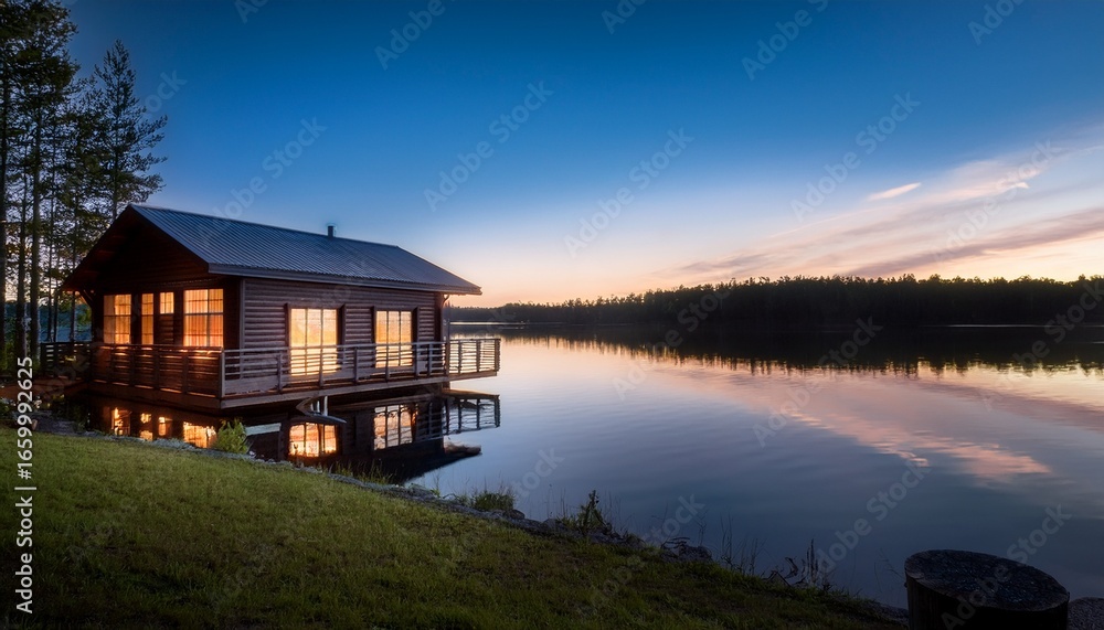 Obraz premium serene cabin at dusk by water with soft glow from windows