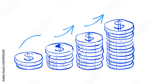 Blue dollar coin stacks with upward arrows coins money