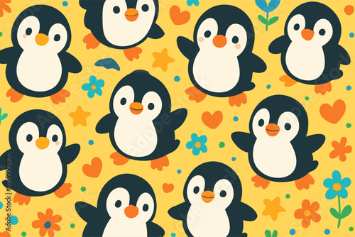 A cheerful and playful seamless pattern of cute cartoon penguins