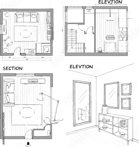 Create a Architectural Drawings vector, decorate living room interior illustration, Minimal style hand drawn. Sections, Elevations, Floor Plan. mirror, frame, jar, lamp, shelf vector art.