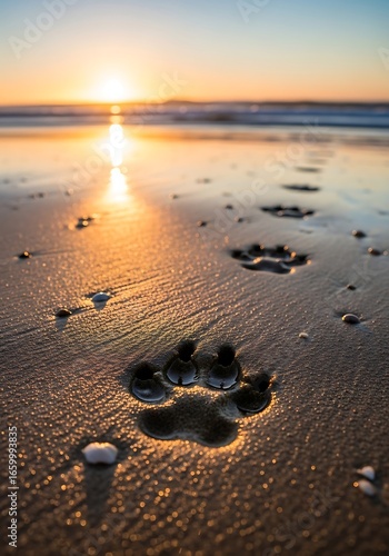 Paw Prints on Beach at Sunset.
