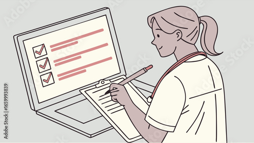 Female Doctor Completing Medical Checklist on Laptop.