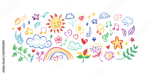 Cheerful colorful doodles of nature and music clouds