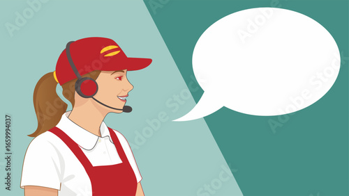 Friendly Fast Food Worker with Headset and Speech Bubble 1.
