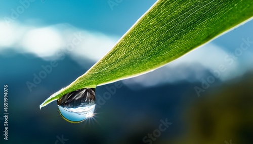 extreme close up of a water droplet falling from a leaf tip