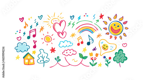 Cheerful doodle elements with sun and rainbow illustration